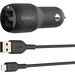 Belkin BoostCharge 24W (2x 12W) Dual USB-A Car Charger with Lightning Cable $5.99