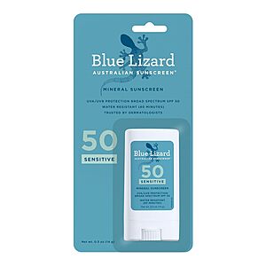 BLUE LIZARD Sensitive Mineral Sunscreen Stick with Zinc Oxide, SPF 50+, Water Resistant, UVA UVB Protection Easy to Apply, Fragrance Free, 0.5 Oz $8.77 @Amazon
