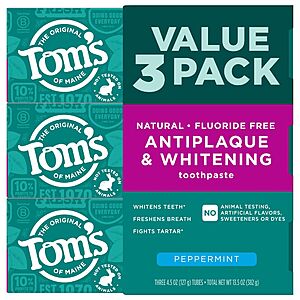 3-Pk 4.5oz. Tom's of Maine Antiplaque and Whitening Toothpaste (Peppermint) $3 + Free Pickup