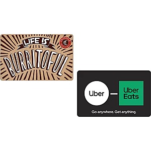 Digital eGift Card Sale (Email Delivery): $50 Chipotle or Uber/Uber Eats $45 & More