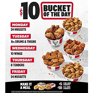 KFC Restaurant: Expanded Weekday Chicken Bucket Lineup Offer $10 (Valid Every Monday thru Friday)