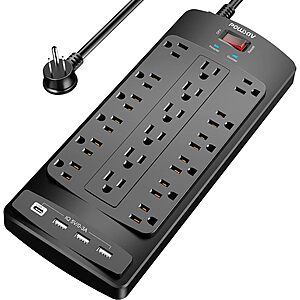 Powsav 18-Outlet 6' Flat Plug Surge Protector w/ 4 USB Ports (Black) $18 