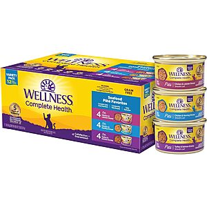 Select Amazon Acct: 12-Pk 3oz. Wellness Wet Canned Cat Food (Seafood Pate) $8.35 w/ S&S