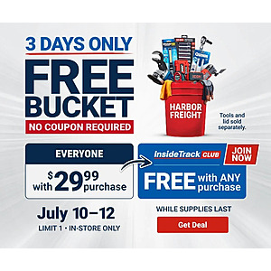 Harbor Freight 3-Days In-Stores Only: Harbor Freight Bucket Offer Free w/ $30+ Purchase (Valid thru 7/12)