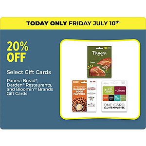 Dollar General In-Stores Offer: Panera Bread, Darden Restaurants/Bloomin GCs 20% Off (Valid 7/10 Only)