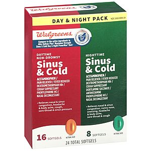 24-Ct Walgreens Non-Drowsy Sinus & Cold Softgels Medicine: 2 for $5.70 or 1 for $3.80 + Free Pickup on Orders $10+
