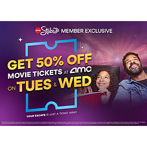 AMC Theatres Offer: Every Tuesdays and Wednesdays: Movie Tickets or Small Combo 50% Off (While Promo Last)