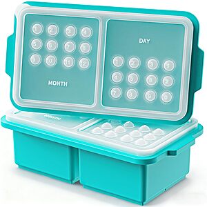 2-Pk EuChoiz 2-Cup Silicone Freezer Tray Cubes w/ Day/Month Mark Lids (Aqua)