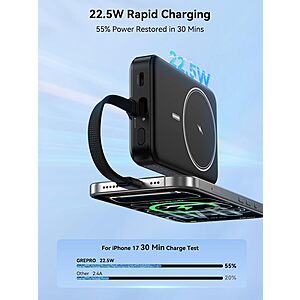 Grepro 10000mAh Magnetic Portable Power Bank w/ 22.5W USB-C Cable (Black)
