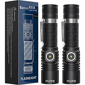 2-Pk Banral K518 USB-C Rechargeable Mini EDC Pocket LED Flashlight (Black)