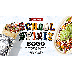 Chipotle Back To School Offers: 8/20 Only: Wear Any School Apparel/Accessories B1G1 Free Entrée & More (In-Restaurant Only After 3PM)