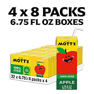 Select Amazon Accts: 4-Pk 8-Ct 6.75oz. Mott's 100% Original Apple Juice Boxes $7.75 w/ S&S