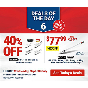 Harbor Freight In-Stores Only: Icon G2 Stubby Ratchet Drives (1/4" & 3/8") 40% Off & More (Valid 9/30 Only)