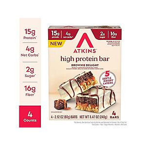 Atkins Protein Bar: 4-Ct 2.12oz. Atkins High Protein Bar (Brownie Delight) $3.15 & More + Free S&H w/ Amazon Prime