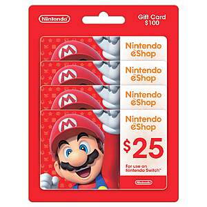 Costco Members: 4-Pk $25 Nintendo eShop Gift Card (Email Delivery) $80 & More