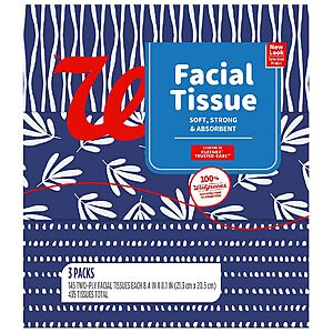 3-Pk 145-Ct Walgreens 2-Ply Facial Tissue Flat Box $3.15 + Free Pickup on