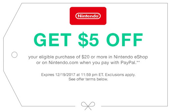 PayPal Offer: $5 Off Eligible Purchase of $20+ via Nintendo eShop or Nintendo.com w/ PayPal Checkout (YMMV)