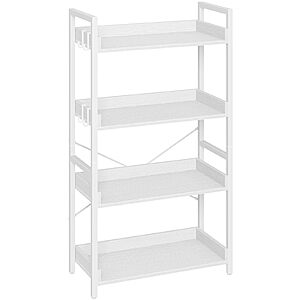 $52.39: Rolanstar Bookshelf 4 Tier with 4 Hooks, Industrial Wood Bookcase, Vintage Storage Rack, White