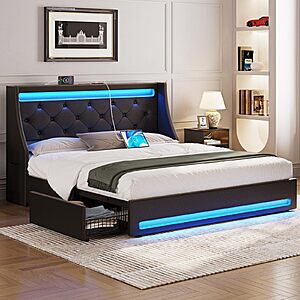 $204.38: Rolanstar Queen Bed Frame with LED Lights and Charging Station, PU Leather Bed with Drawers, Wooden Slats, Black