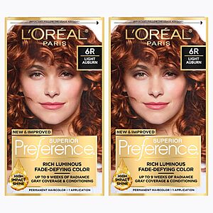 $12.00: L'Oreal Paris Superior Preference Luminous Fade-Defying Permanent Hair Color, Hair Dye Kit (Pack of 2, Light Auburn 6R ONLY)