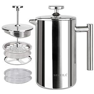 $23.06: Secura French Press Coffee Maker, 304 Grade Stainless Steel Insulated Coffee Press, 17oz 0.5 Litre, Silver