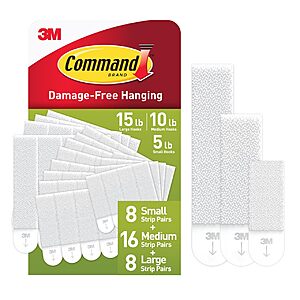 [S&S, AC] $13.06: Command 15, 10 & 5 lb Picture Hanging Strips, White Adhesive, 32 Pairs (64 Strips)