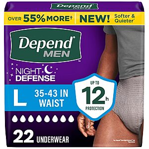 [S&S, AC] $10.53: Depend Night Defense Adult Diapers, Overnight, Large, Grey (22 Count)