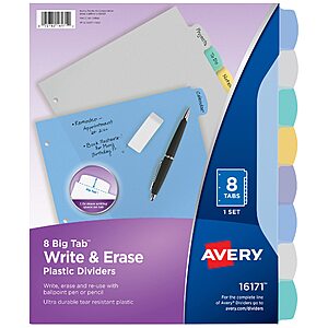 $71.52: Avery Big Tab Write & Erase Durable Plastic Dividers for 3 Ring Binders (16171), 8-Tab Sets, Pastel Multicolor, 24 Sets, 192 Divider Tabs