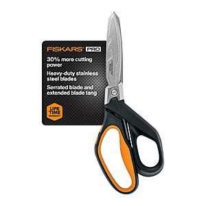 $17.99: Fiskars Pro PowerArc Shop Shears, Heavy Duty Stainless Steel Scissor, 10 in, Orange/Black
