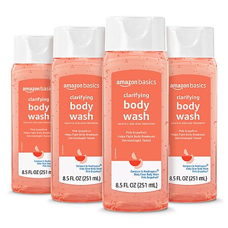[S&S] $16.19: Amazon Basics Clarifying Pink Grapefruit Body Wash, 2% Salicylic Acid Acne Treatment, 8.5 Fl Oz (Pack of 4)