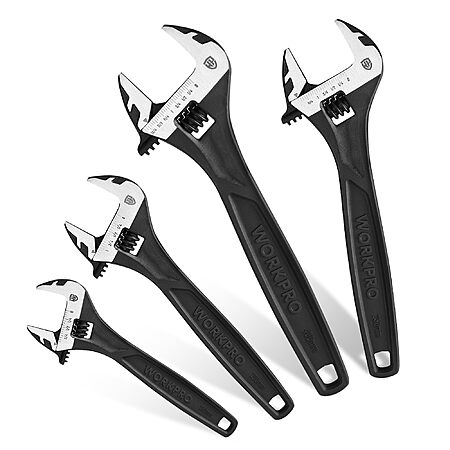 [AC] $29.74: WORKPRO 4-piece Adjustable Wrench Set, 6-inch, 8-inch, 10-inch, 12-inch, Cr-V Steel, Corrosion-Resistant Black Oxide Finish for Automotive Plumbing and Household Repai
