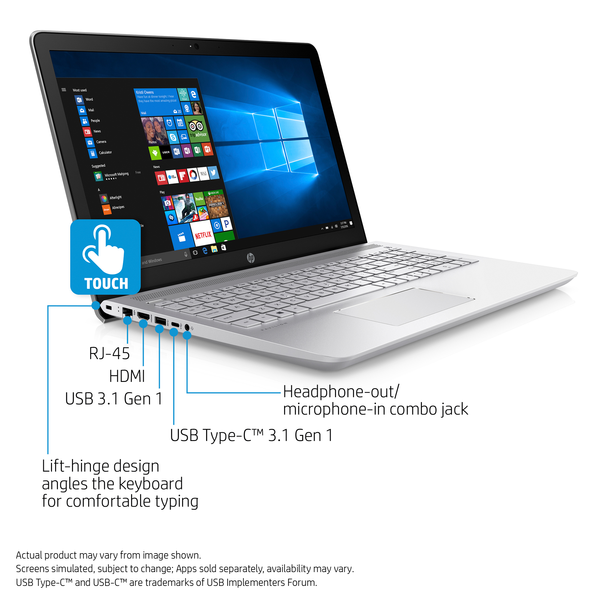 HP Silver Iridium 15.6" Laptop, Touchscreen, Intel Core i7-7500u, Intel HD Graphic 620 Graphic ...