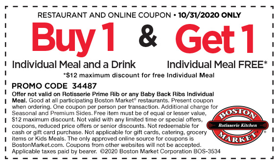 Boston Market BOGO Meal 10/31/20 only