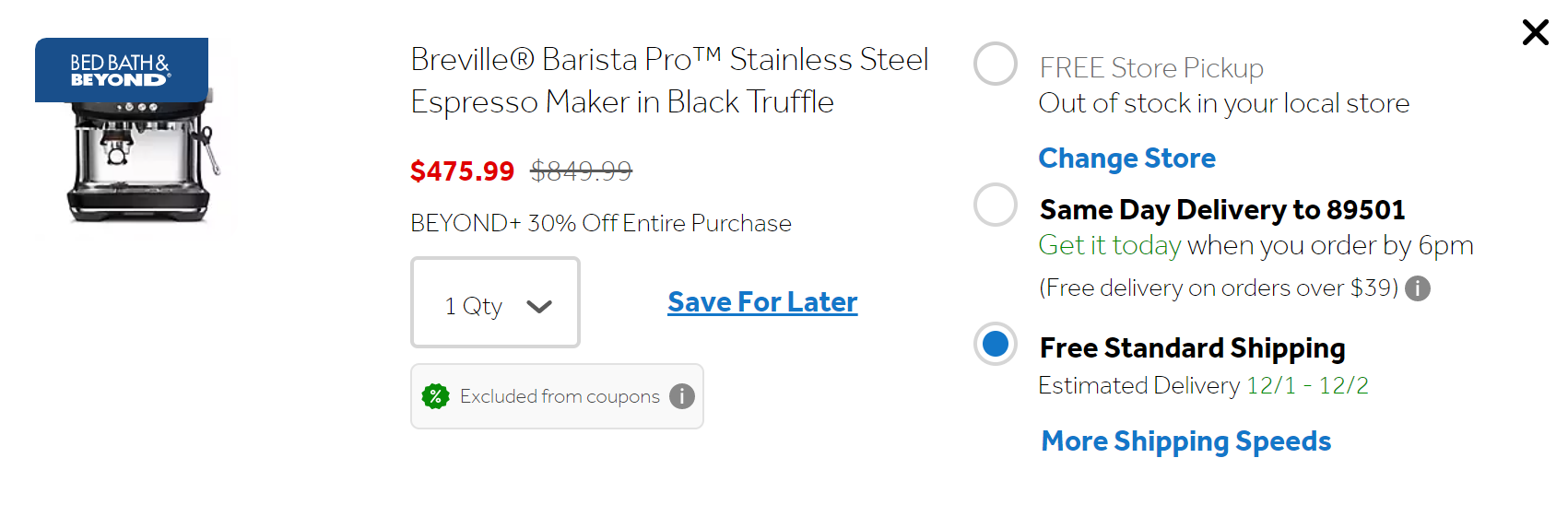 Breville Barista Pro $475.99 (Beyond Plus Member Required) YMMV