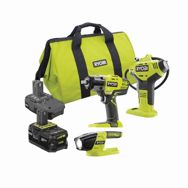 RYOBI ONE+ 18V Cordless 1/2 in. Impact Wrench, Inflator, LED Light Kit w/(1)4.0Ah, (1)1.5Ah Battery, Bag, Charger Not Included $149