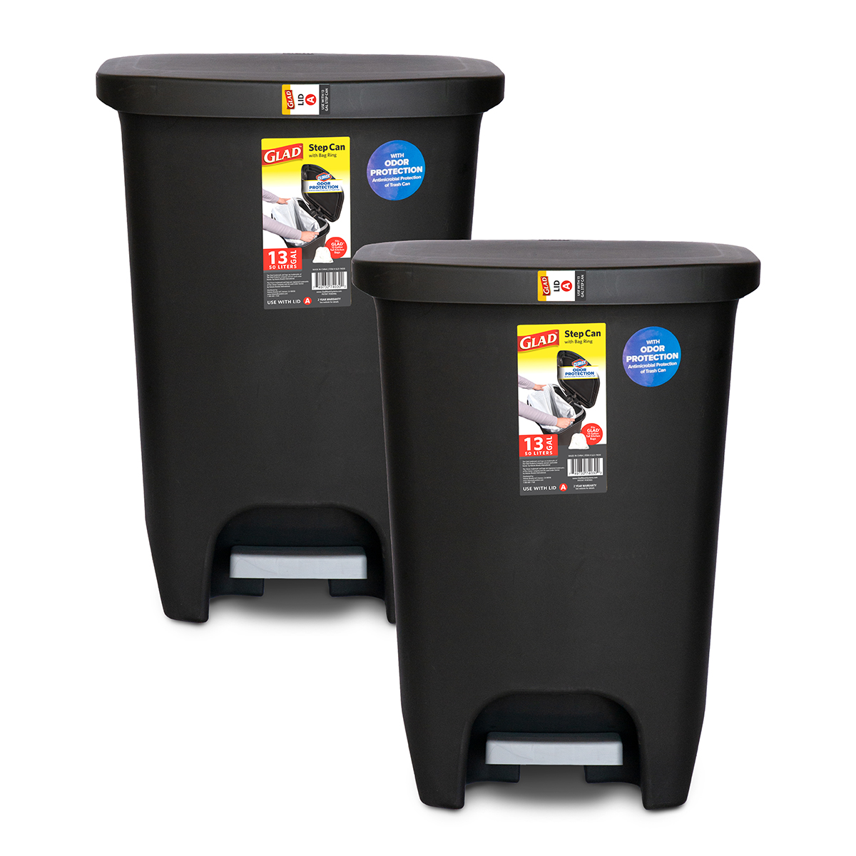 2-Pack of 13-Gallon Glad Plastic Step Trash Can (Gray or Black) $26