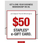 $50 off $100 OR $50 GC for paying $49.99 for Staples Plus membership YMMV