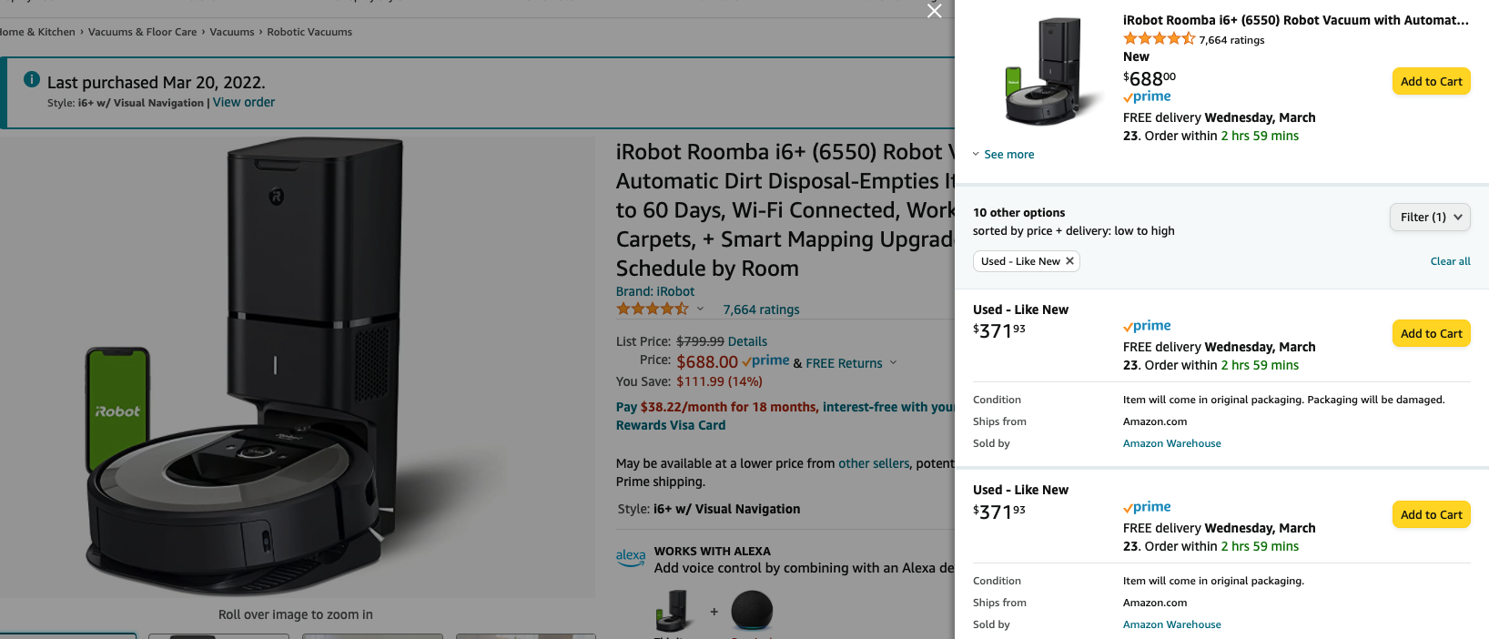 iRobot Roomba i6+ (LIKE NEW) $372