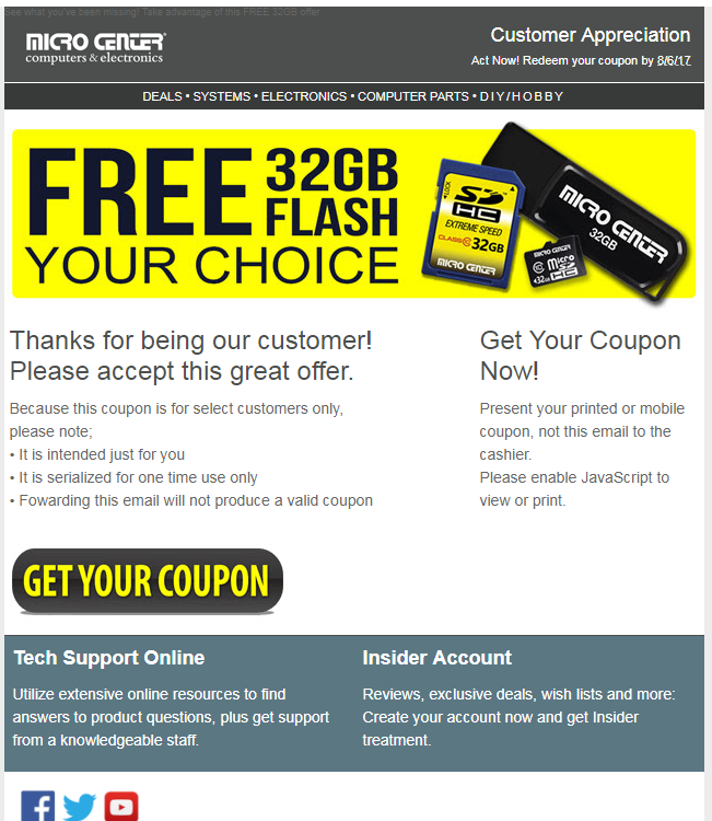 Micro Center Customers FREE 32gb Flash Drive / SD / Micro SD YMMV