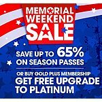 Six Flags Memorial day sale - $7.85 X 12 months ($94.20) plus 3 free = 15 month Platinum membership (free Lifetime upgrade to Platinum)