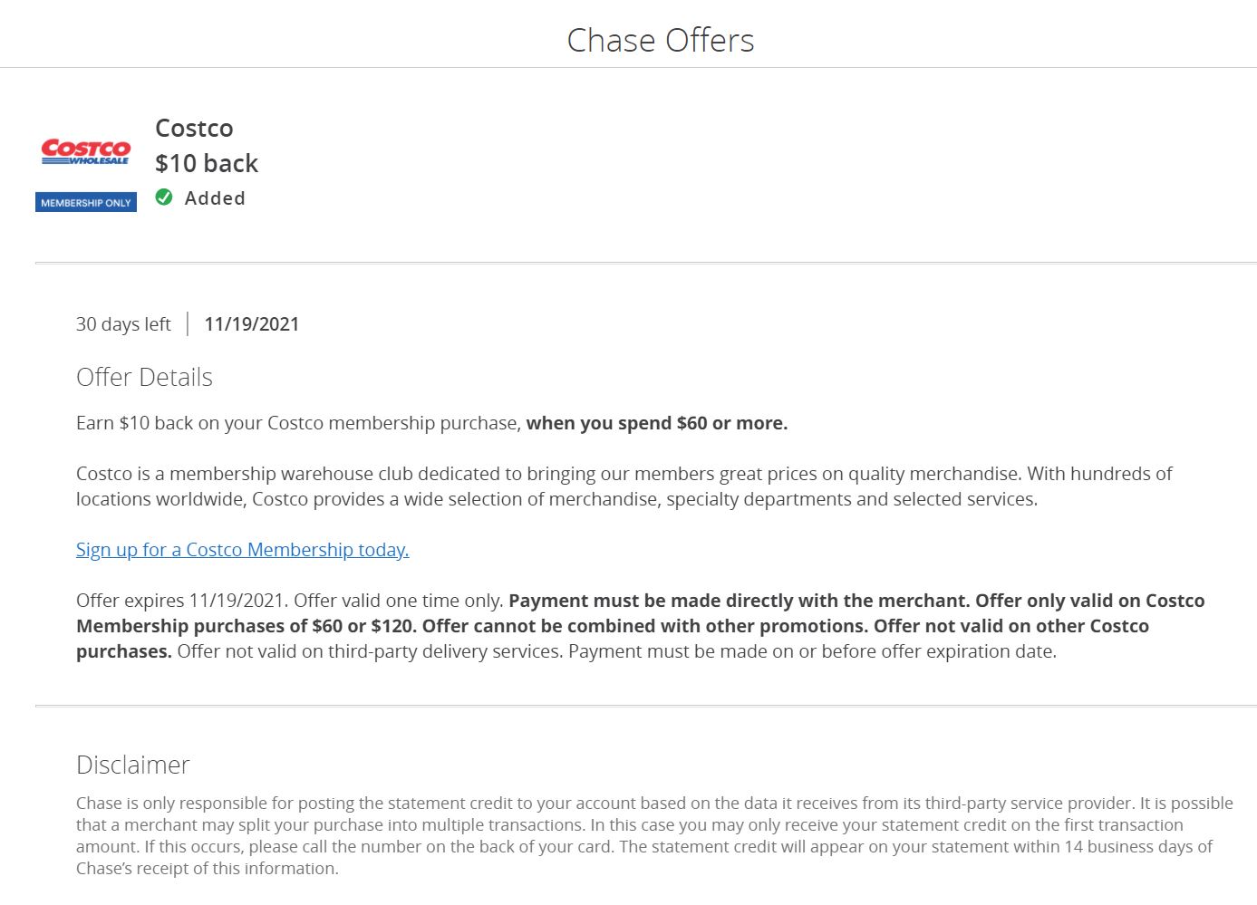 YMMV Chase Offer 10 with Costco Membership Activation
