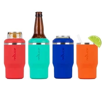 REDUCE 14 oz. Vacuum Insulated Stainless Steel Drink Cooler, 4 Pack  Built-in Bottle Opener whit Non-Slip Base 4-in-1 Versatility Colors