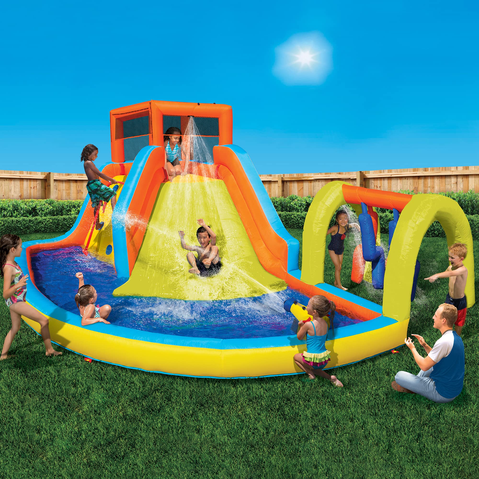 BANZAI Inflatable Summit Splash Adventure Water Park - Climbing Wall & Rope | Water-Blasting Cannon | Sprinkling Obstacle Arch $280