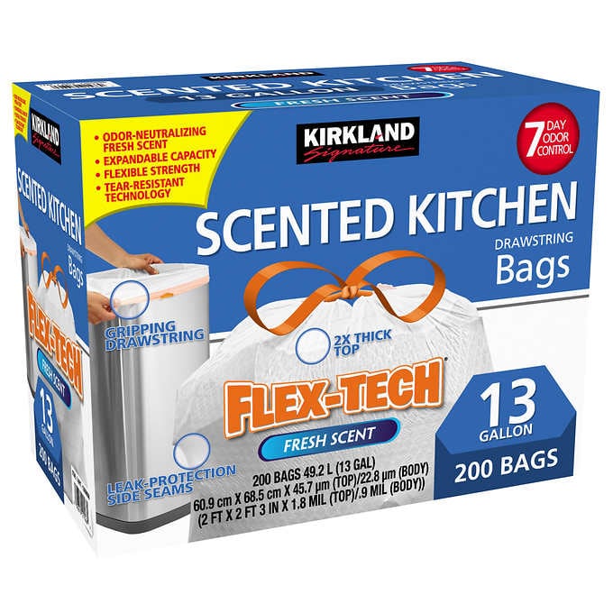 Costco Kirkland Signature Flex Tech 13 Gallon Scented Kitchen Trash Bags 200 Count 10 99 In Store Only B M