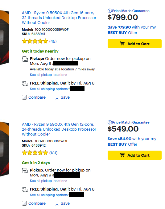 YMMV 10 off AMD Ryzen 9 5900X/5950X at Best Buy with Cardmember offer.