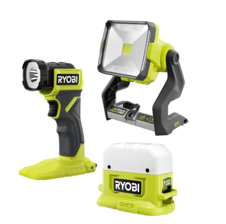 RYOBI ONE+ 18V Cordless 3-Tool Lighting Kit with Work Light, Compact Area Light, and LED Light (Tools Only) $69 @homedepot