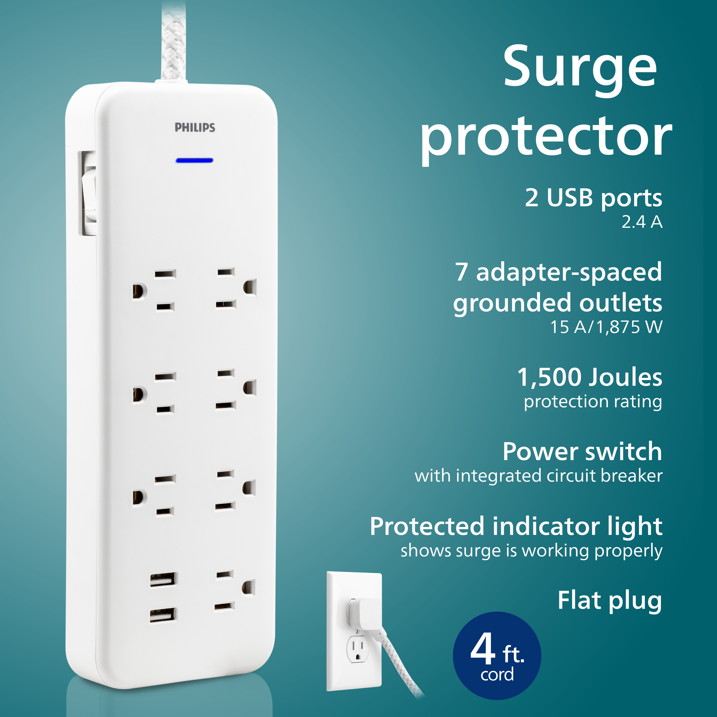 Philips 7-Outlet Surge Protector, 2USBA, 4ft Braided Cord, White $9 @walmart