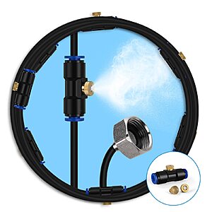 lifeegrn Misting Cooling System, Outdoor Misting System for Patio, 40 FT Misting Line+10 Mist Nozzles+3/4" Brass Adapter,Outdoor Mister System $10 @amazon