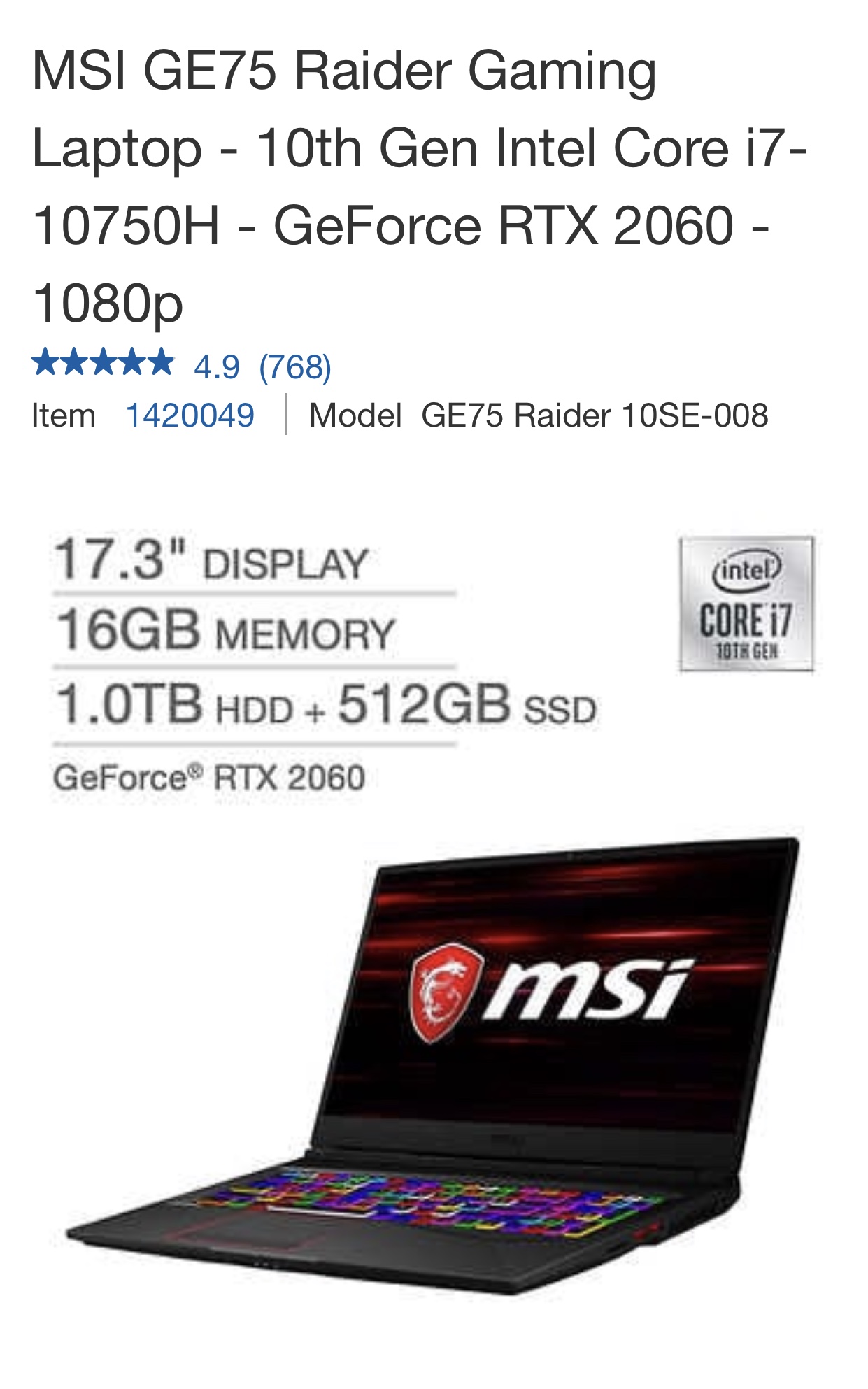 Costco Members Msi Ge75 17 3 Gaming Laptop I7 10750h 16gb Ddr4 1tb Hdd 512gb Ssd 1 199