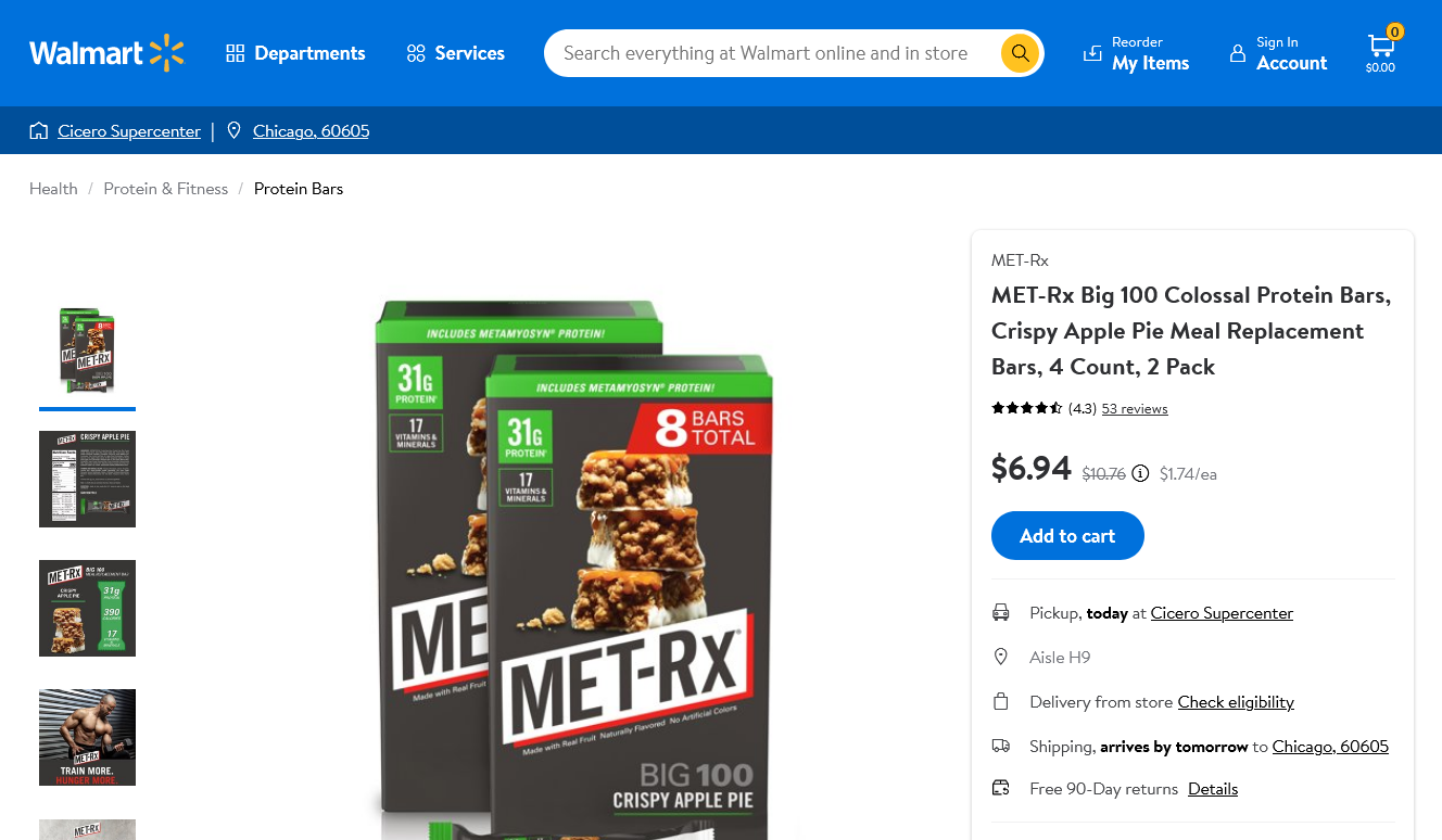 $6.94/8count Met-Rx Big 100 Colossal Crispy Apple Pie Protein Bars ($0.87 each)